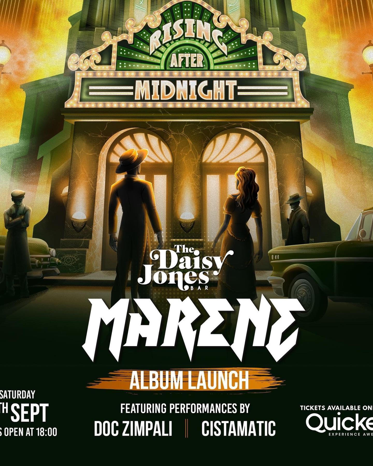 **Unveiling the MARENE Album Launch: A Night of Spectacle and Sounds! 🎶**

Greetings, music aficionados! Get ready for a night of musical magic as we proudly present the **MARENE Album Launch**, an extraordinary evening filled with captivating melodies, beloved classics, and brand new tunes. Join us for a musical journey that will leave you spellbound, alongside fantastic guest performances by **Doc Zimpali** and **Cistamatic**. All set against the backdrop of great drinks, delectable food, and the crisp Stellenbosch air.

**Event Highlights:**
🏢 Venue: THE DAISY JONES BAR
📅 Date: Saturday, September 9, 2023
⏰ Doors Open: 18h00
🎸 Bands Play: 20h00

**Featured Acts:**
Prepare to be mesmerized by the enchanting sounds of:
- **MARENE**
- **CISTAMATIC**
- **DOC ZIMPALI**

**Tickets:**
Secure your spot in this musical extravaganza by grabbing your tickets now. Visit the following link to secure your place: [Ticket Link](https://qkt.io/EWGIUJ)

**Event Details:**
The night's itinerary is as follows:
- Doors open at 18h00, so come early and soak in the atmosphere.
- The bands will start playing at 20h00, ensuring you're in for an unforgettable musical journey.
- Ticket price: R100 online or R120 at the door.
- Food and drinks will be available to tantalize your taste buds throughout the evening.
- The Daisy Jones Bar, situated at Summerhill Wines in Stellenbosch, sets the perfect stage for this musical spectacle.

**Important Reminders:**
- Right of admission is reserved.
- Please note that this event is strictly for those above 18 years old.
- Be prepared to groove to the rhythms, immerse yourself in the melodies, and experience a night that will resonate in your hearts and memories.

Join us for an evening of musical splendor as we celebrate the **MARENE Album Launch**. Let the melodies sweep you away, the beats move your soul, and the camaraderie create lasting memories. Mark your calendars and secure your tickets for an exceptional night of music and merriment. See you there! 🎵🎉