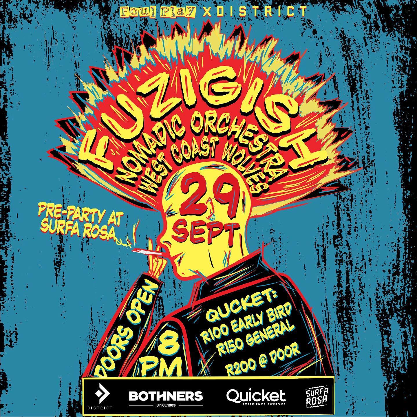 🔥 Get ready to rock as @Foulplay_Presents and @DistrictCT proudly present the LEGENDARY band, @Fuzigish, live at the end of September!

But wait, that's not all! We've got an incredible lineup featuring two more amazing acts: @NomadicOrchestra and @WestCoastWolvesCT. 😱

Bid farewell to Winter in the most epic way possible 🤘 This is a night you definitely don't want to miss!

And guess what? We've got the pre and post-party at @Surfarosact downstairs, so the good times keep rolling.

Grab your tickets now on @Quicket or simply click the link in our bio. But hurry, limited early-bird tickets are still available!

Backline proudly sponsored by @Bothnersmusicalinstruments 🎶🎸

Artwork by @Pierre_Rommelaere 🎨

See you on the 29th of September! Let's make this night one for the books. 🎉🤟 #LiveMusic #RockOn #EpicNight #Fuzigish #NomadicOrchestra #WestCoastWolvesCT #GoodbyeWinter #HelloRocknRoll