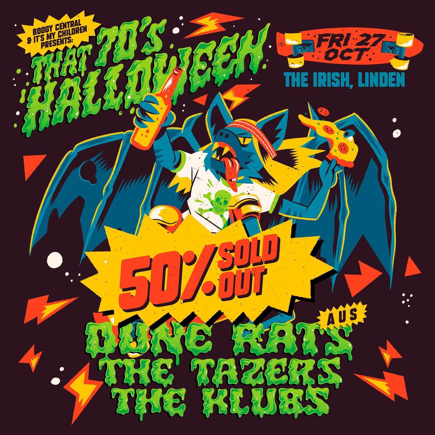 Get ready for a spooky night of fun at our massive 70's themed Halloween shindig at **The Irish, Linden** in Johannesburg! Let's get weird together with this wicked lineup:

- **Dune Rats (AUS)**
- **The Tazers**
- **The Klubs**

**Event Details:**
- **Date:** Friday, 27th October
- **Venue:** The Irish, Linden

**Ticket Prices:**
- **R200:** General (Available Online)
- **R250:** Door (If online tickets do not sell out)

Please note:
- **R.O.A.R.** (Right of Admission Reserved)
- **No Dickheads** allowed!

Get ready to dance, groove, and have a spooktacular time at this electrifying Halloween party! Don't miss out on the fun - grab your tickets online before they sell out! 🎃👻🕺 #HalloweenParty #70sTheme #LiveMusic #DuneRats #TheTazers #TheKlubs