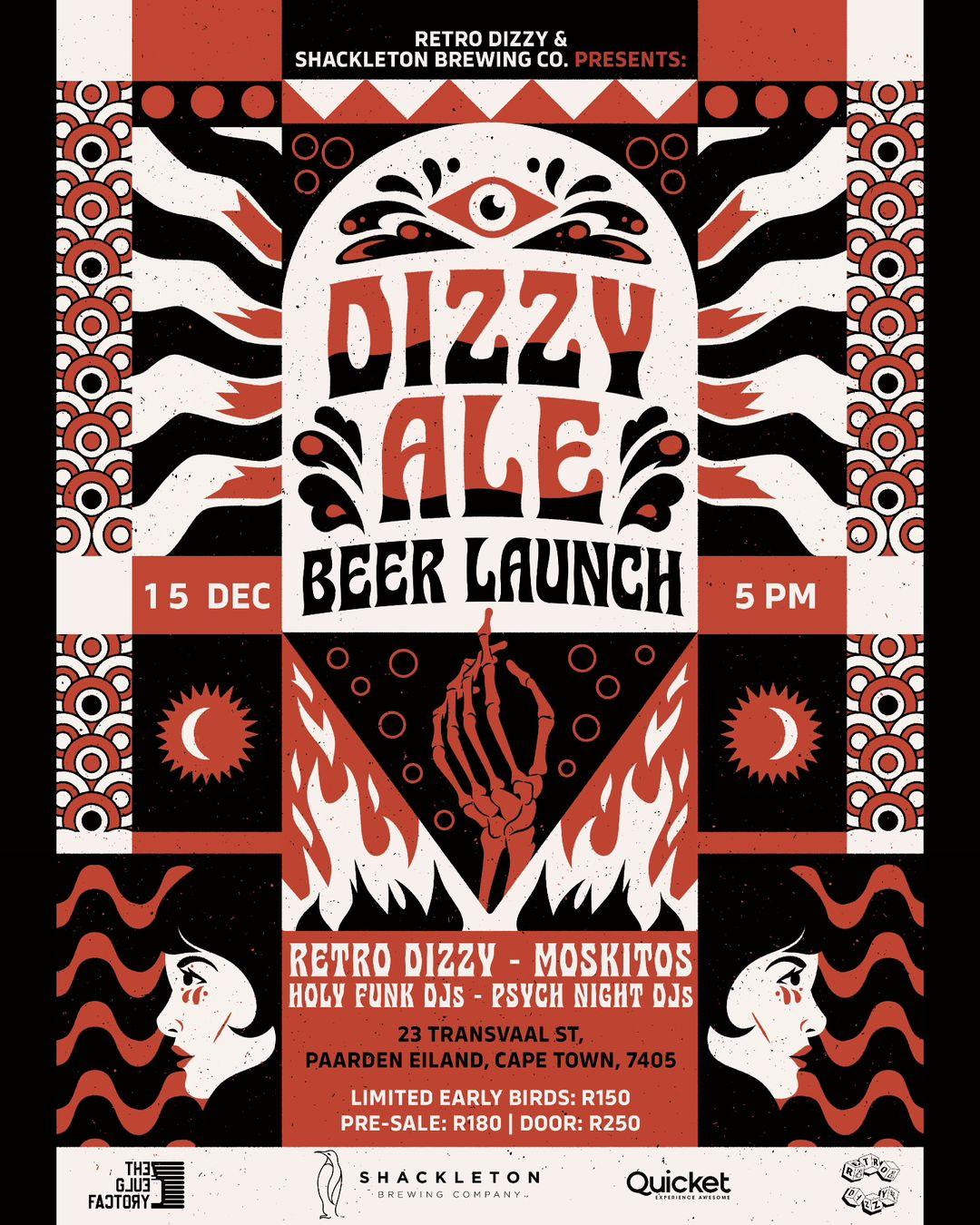 Join us at The Shred in Cape Town for the exclusive Dizzy Ale Beer Launch event on 15 Dec at 5 PM, presented by Shackleton Brewing Co. Witness a remarkable lineup featuring Retro Dizzy, Moskitos, Holy Funk DJs, and Psych Night DJs. Enjoy early bird prices at R180 with door tickets available at R250. Don't miss this unique blend of craft beer and eclectic music!